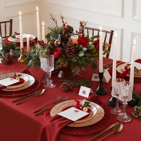 Romanstile wrinkle-resistant polyester tablecloth maintaining a crisp look.