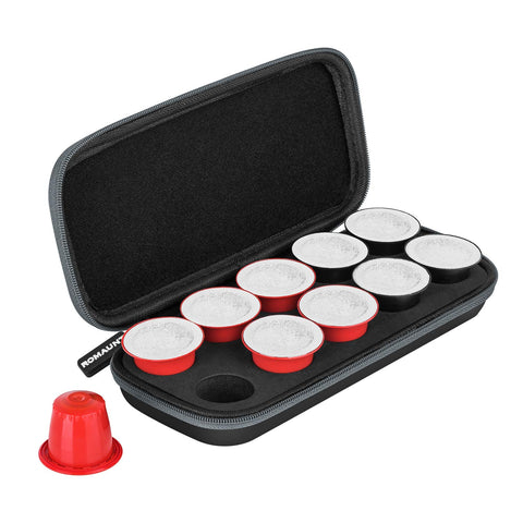 ROMAUNT travel case holds 10 Nespresso OriginalLine pods securely for travel.