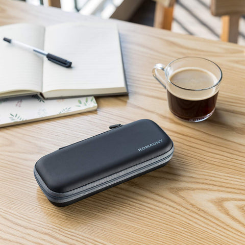 Sleek black finish complements travel gear and coffee routines.