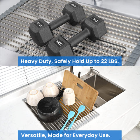 romise dish rack in use over sink holds cups and plates