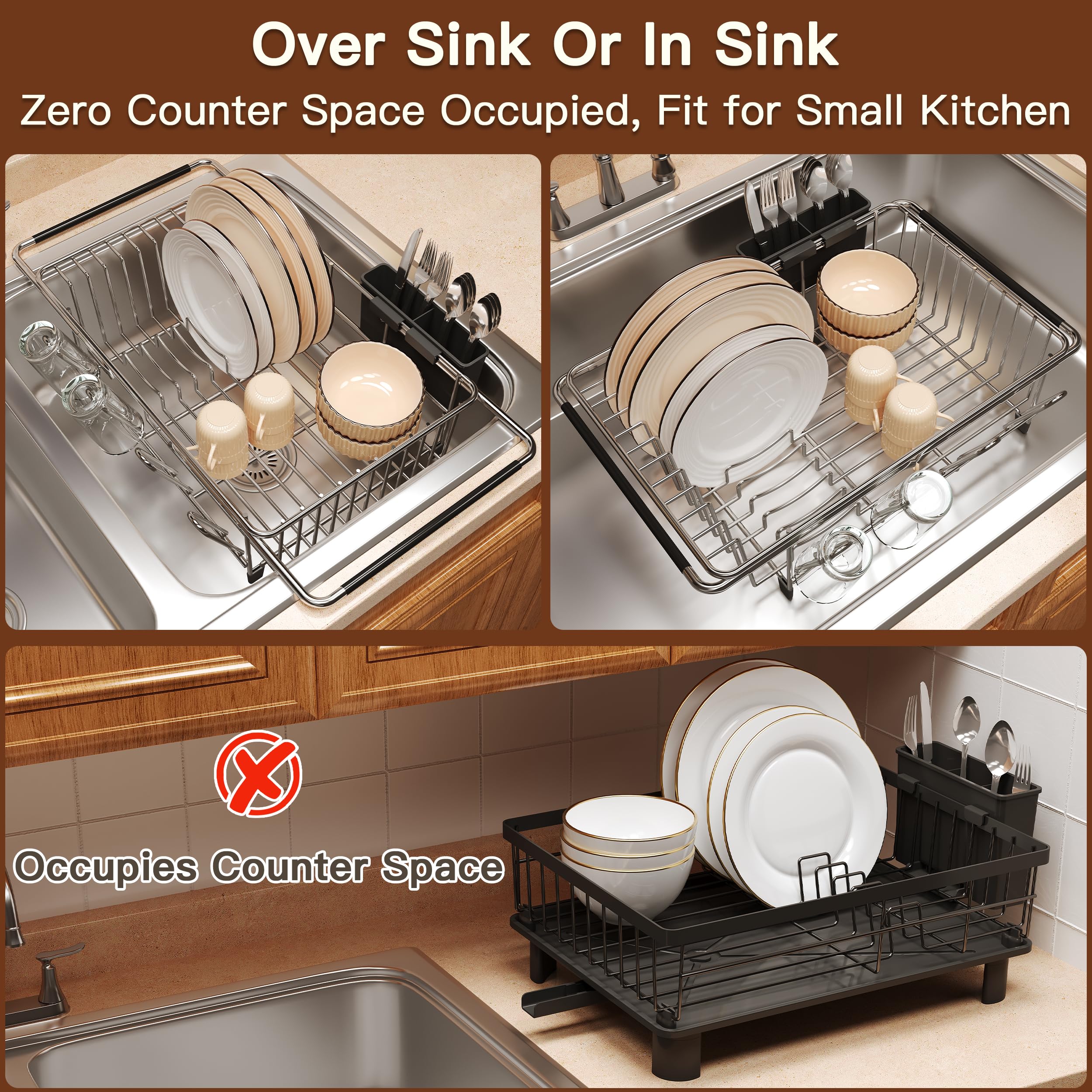 Romision over-sink dish drainer, side view, compact profile for small kitchens.