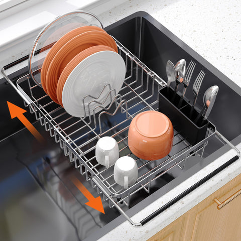romision small expandable over-sink dish drainer on countertop saves space and dries dishes efficiently.