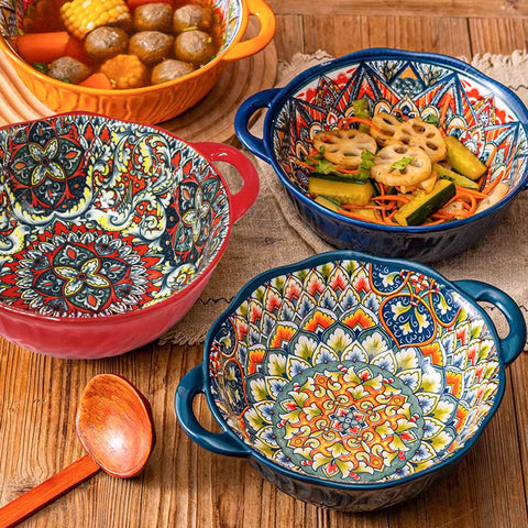 Ronanemon Bohemia blue bowl with handle back view, stacks neatly for storage