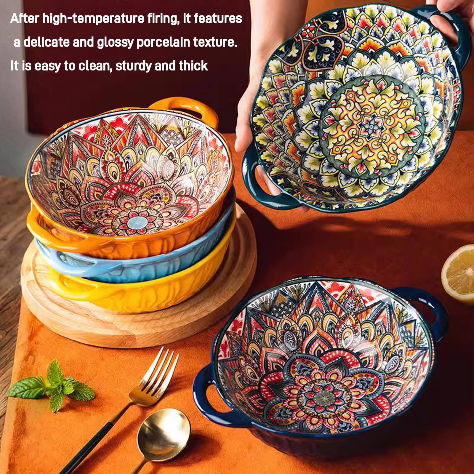 Ronanemon Bohemia blue bowl with handle closeup glaze, durable finish