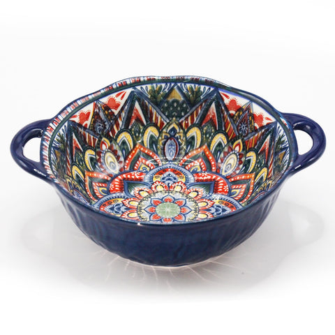 Ronanemon Bohemia blue bowl with handle viewed from the front, ideal for soups and salads