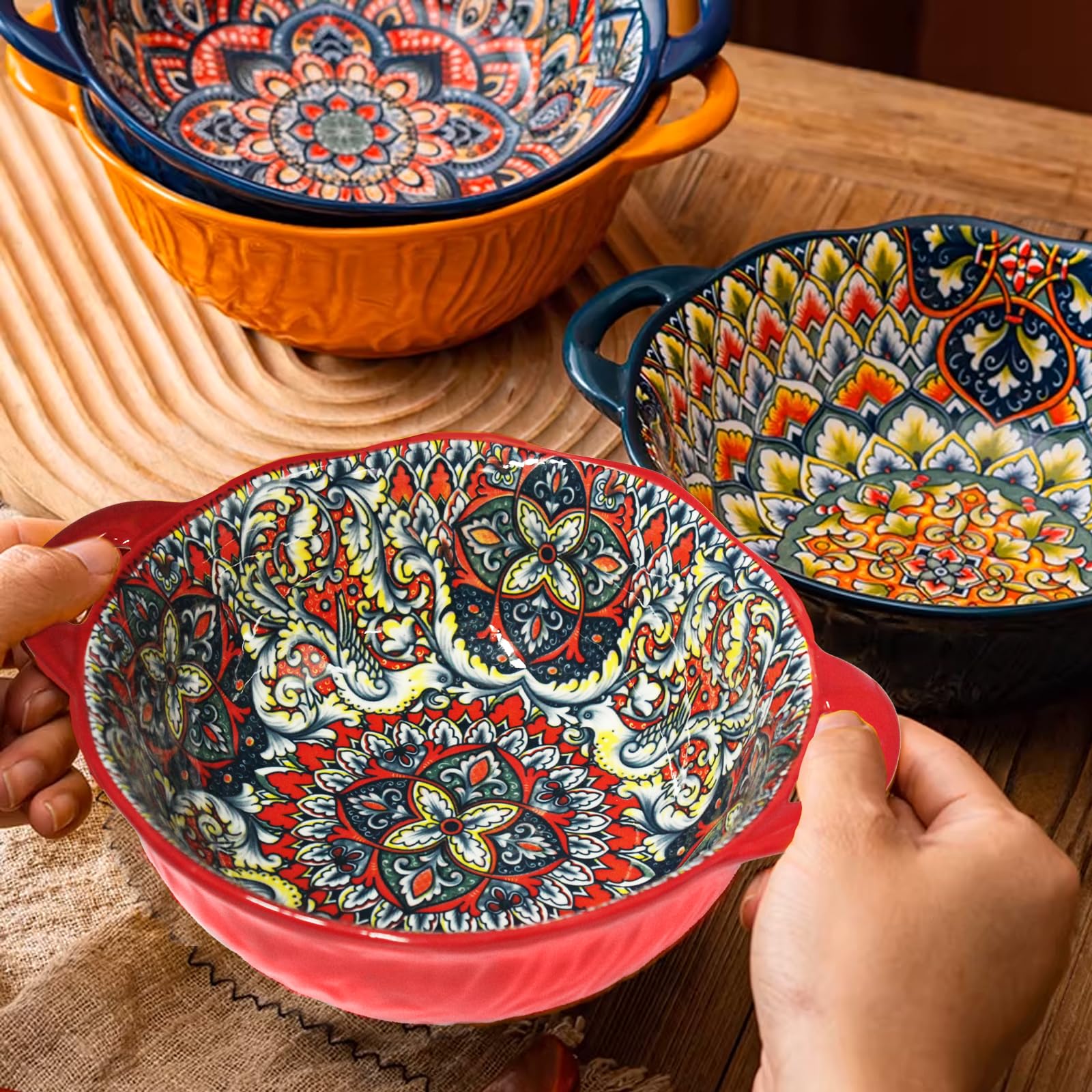 Ronanemon Bohemia blue bowl with handle viewed to highlight microwave-safe design