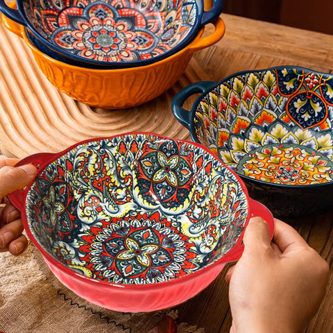 Ronanemon Bohemia blue bowl with handle viewed to highlight microwave-safe design