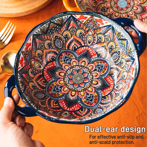 Ronanemon Bohemia blue bowl with handle top view, vibrant glaze on display