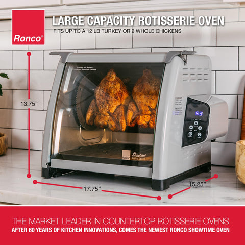 Ronco 6000 Platinum oven door open view aids effortless loading.