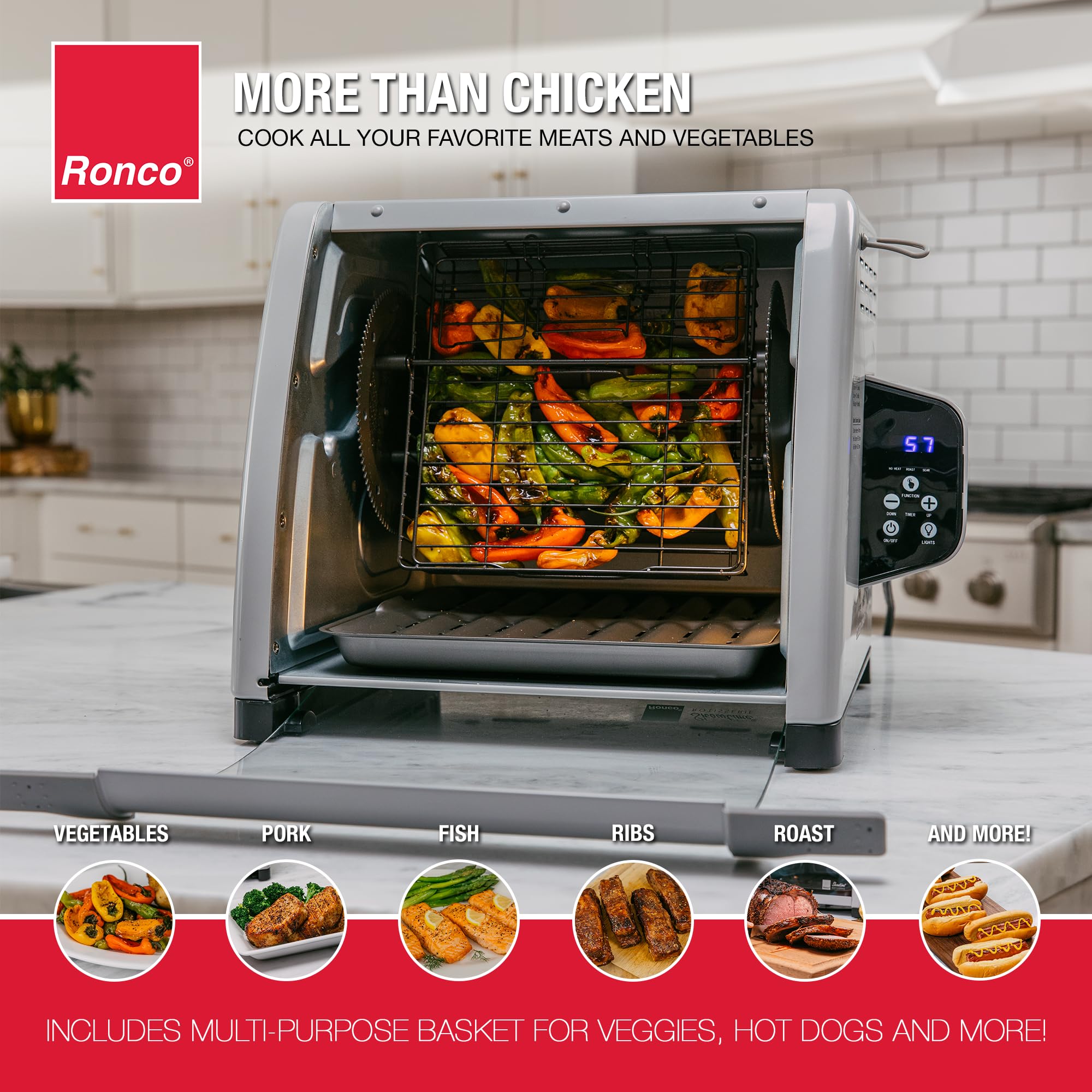 Ronco 6000 Platinum rotisserie function delivers thorough sear and roast.