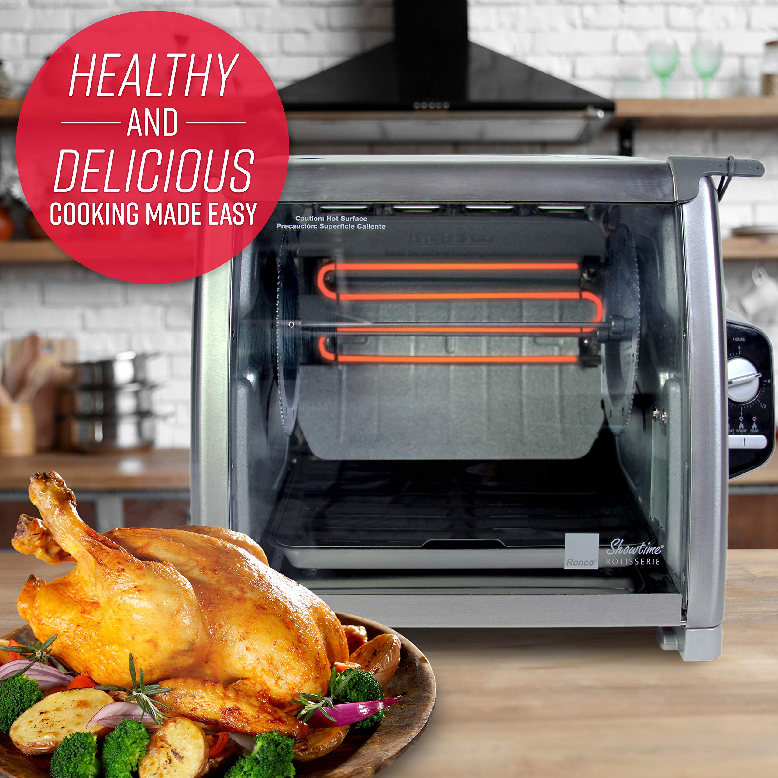 Ronco Modern Rotisserie Oven interior with rotating spit for self-basting moisture.