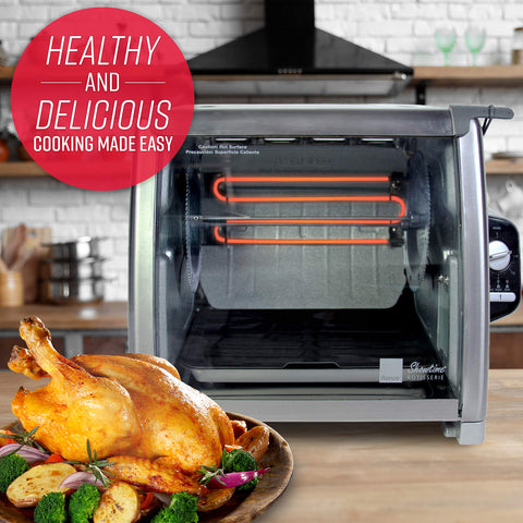 Ronco Modern Rotisserie Oven interior with rotating spit for self-basting moisture.