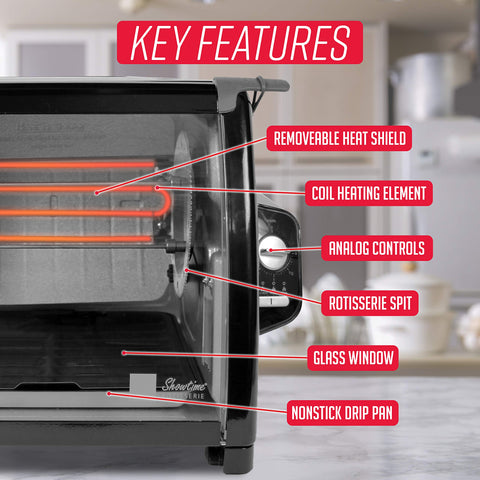 Ronco Modern Rotisserie Oven rotisserie spit showcases self-basting flavor.
