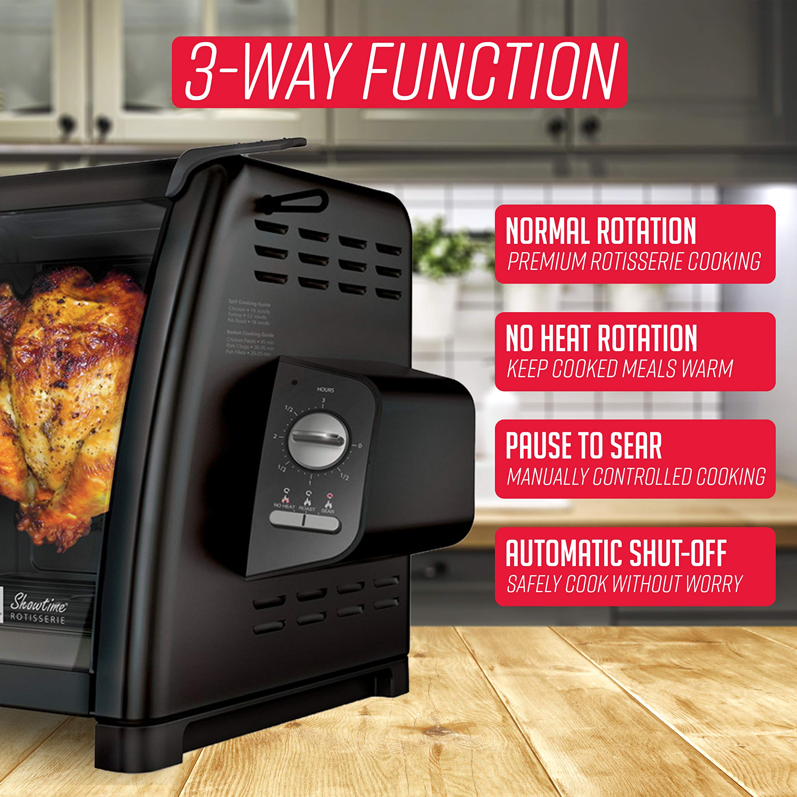 Ronco Modern Rotisserie Oven timer control for easy, worry-free cooking.