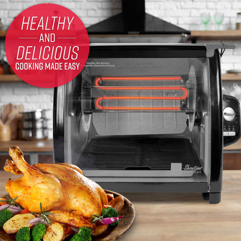 Ronco Modern Rotisserie Oven roasting two chickens evenly.