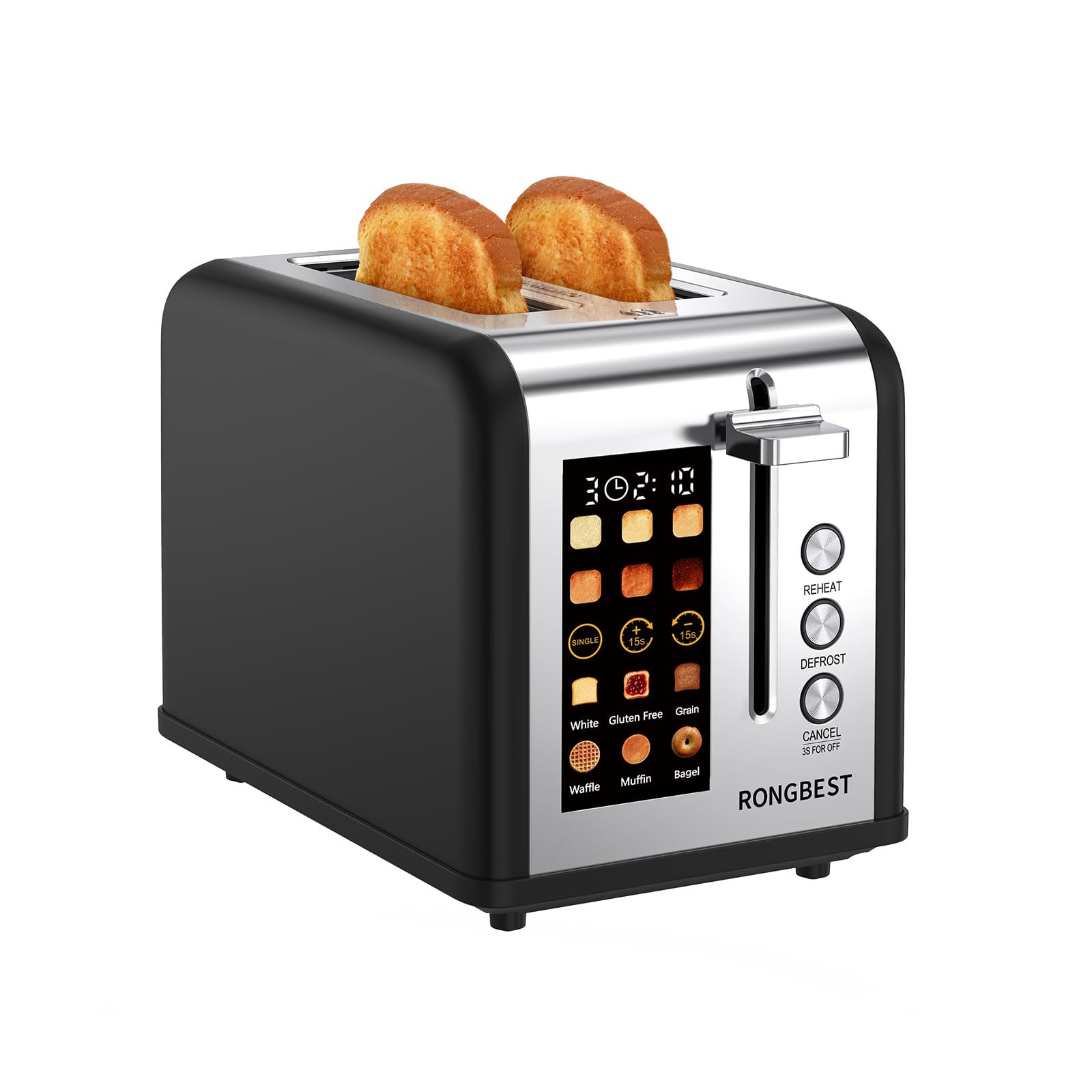 RONGBEST 2-Slice Toaster front view with a matte black steel finish for a sleek kitchen upgrade.