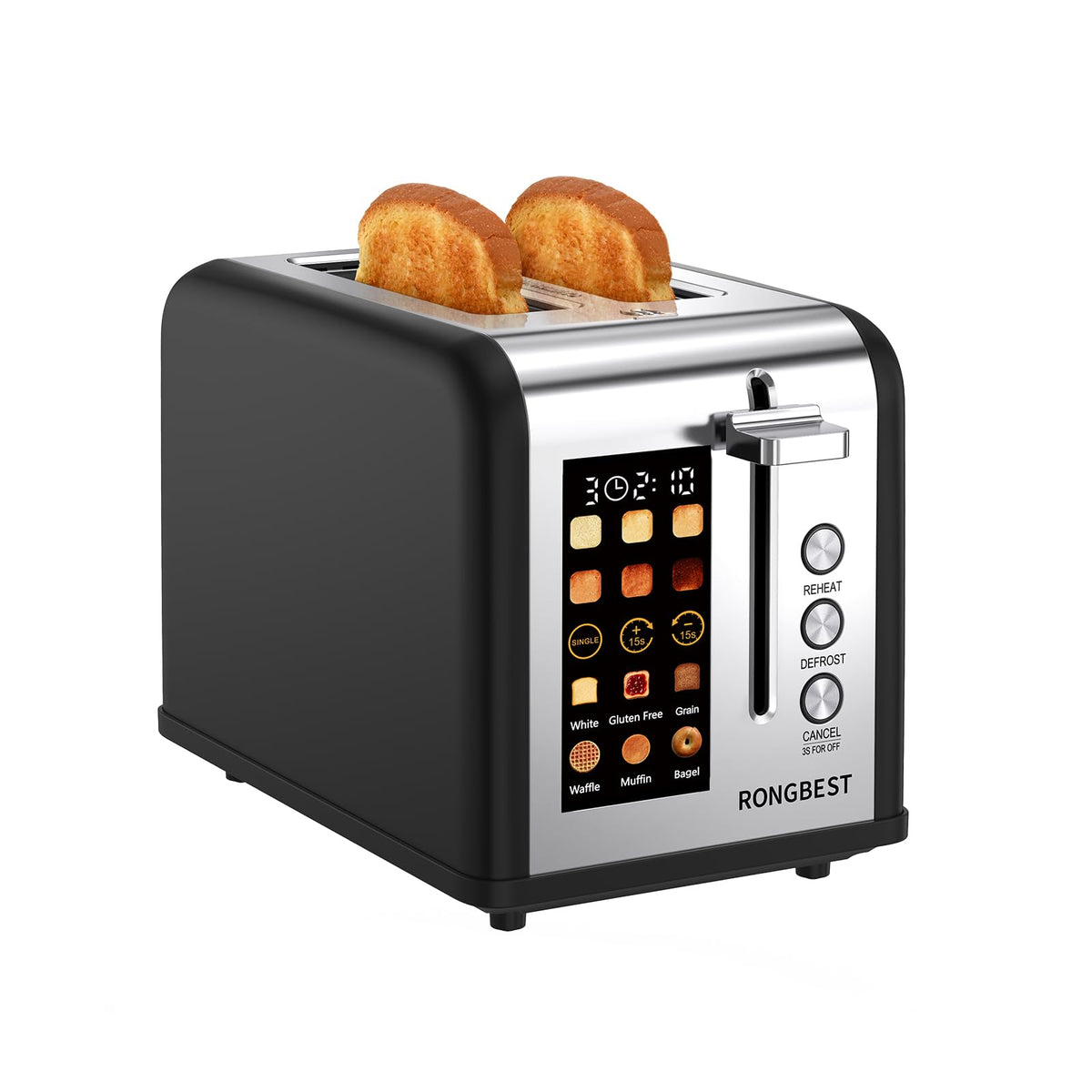 RONGBEST 2-Slice Toaster front view with a matte black steel finish for a sleek kitchen upgrade.
