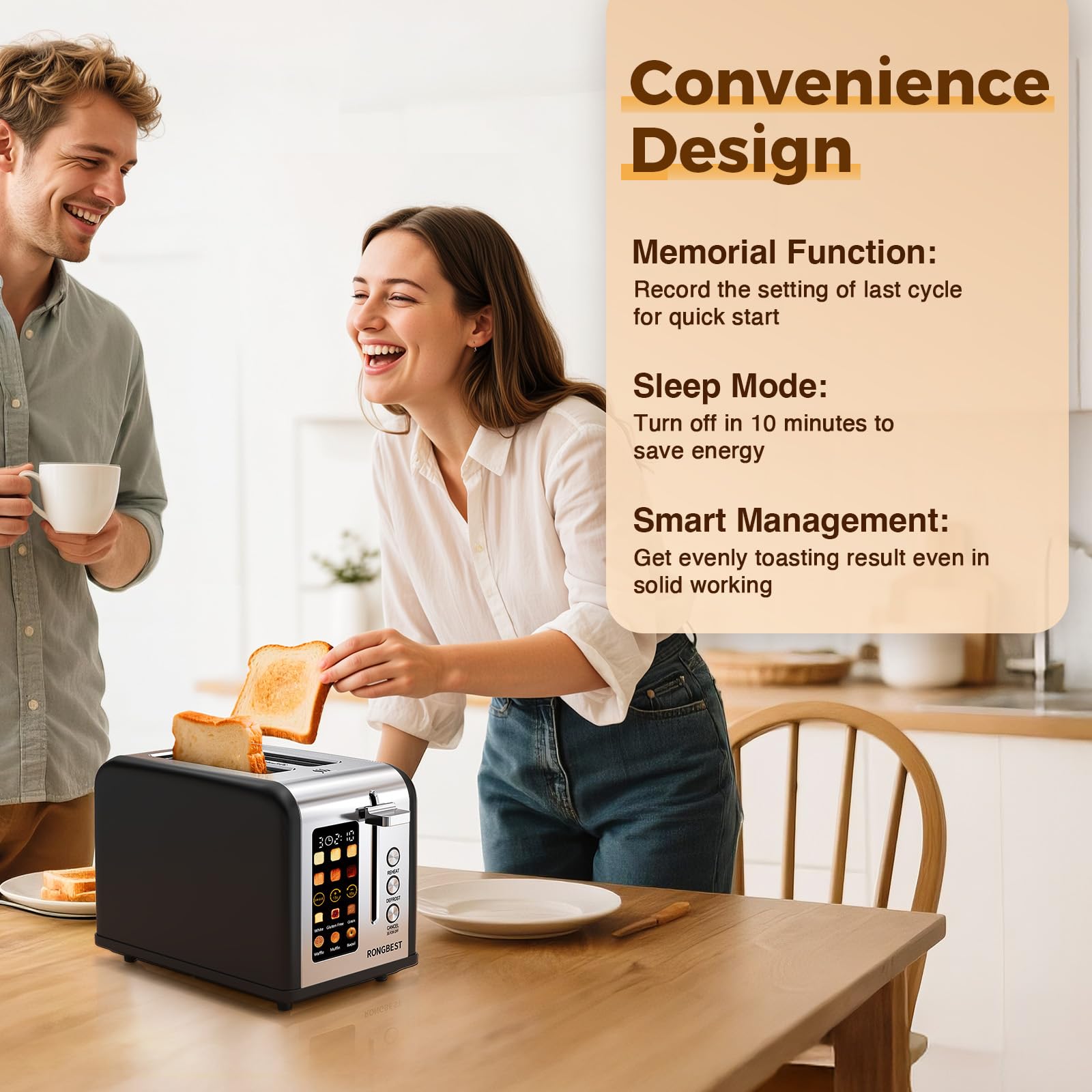 RONGBEST 2-Slice Toaster matte black finishing complements modern kitchens beautifully.