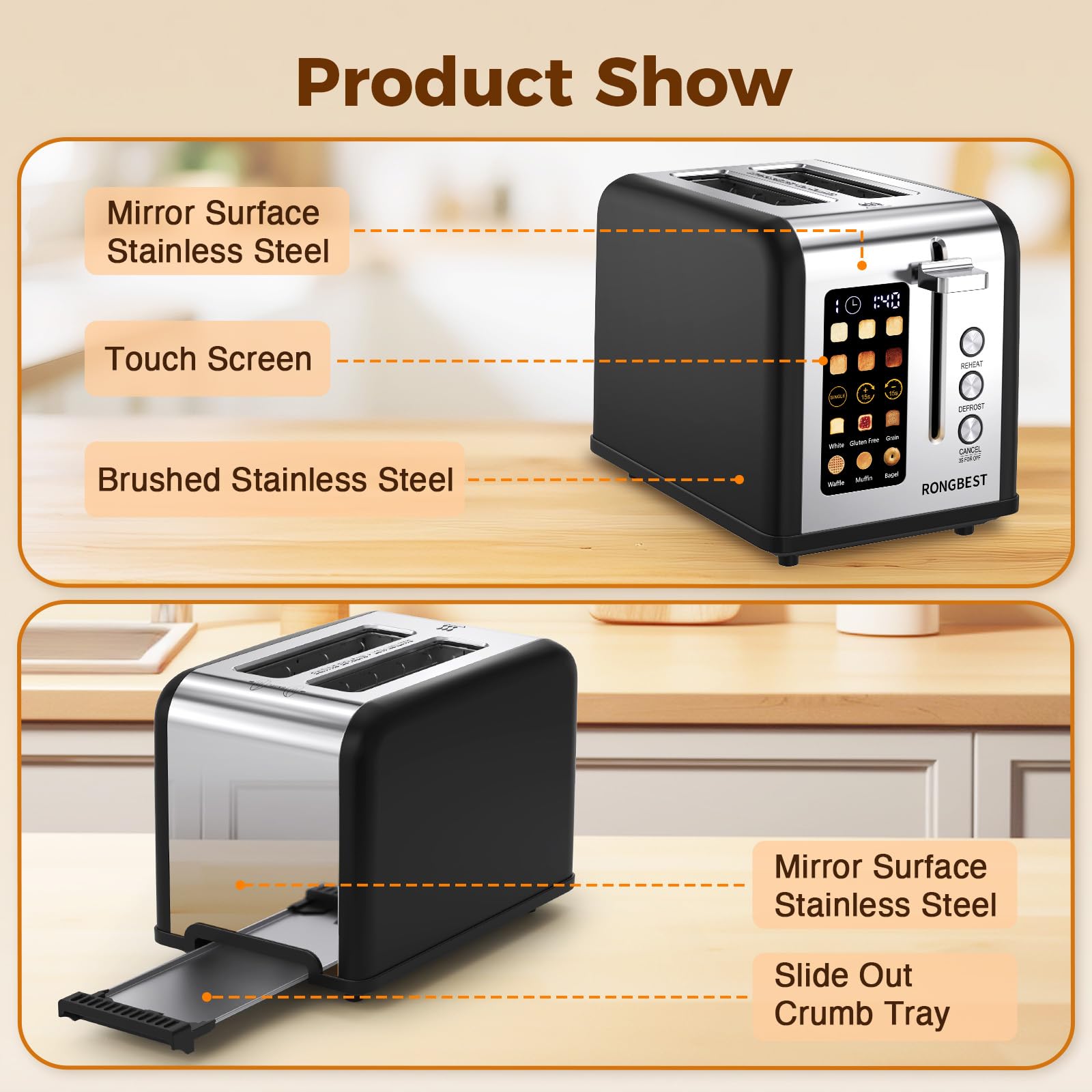 RONGBEST 2-Slice Toaster removable crumb tray makes cleanup simple after busy mornings.