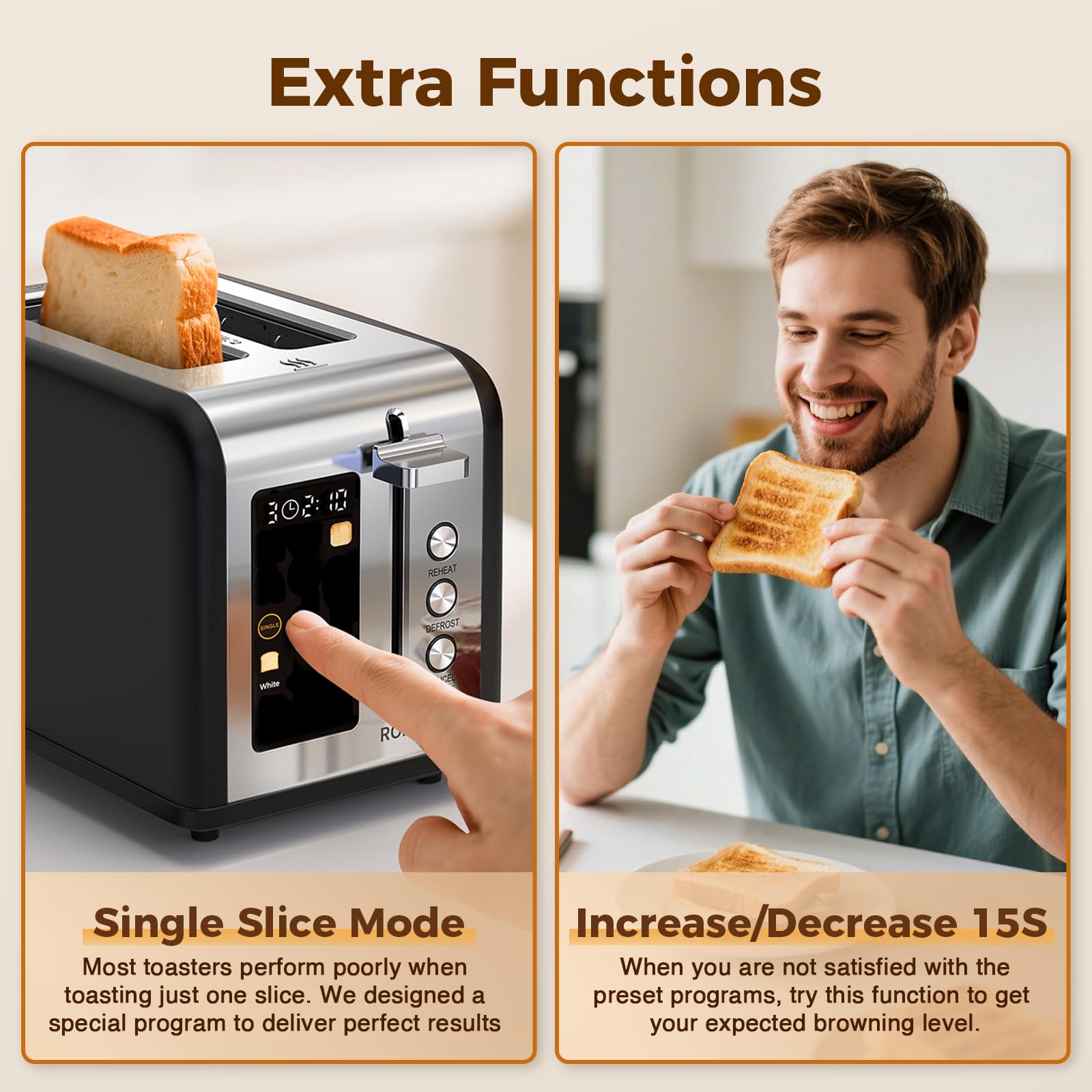 RONGBEST 2-Slice Toaster stainless-steel face adds durable shine to your counter.