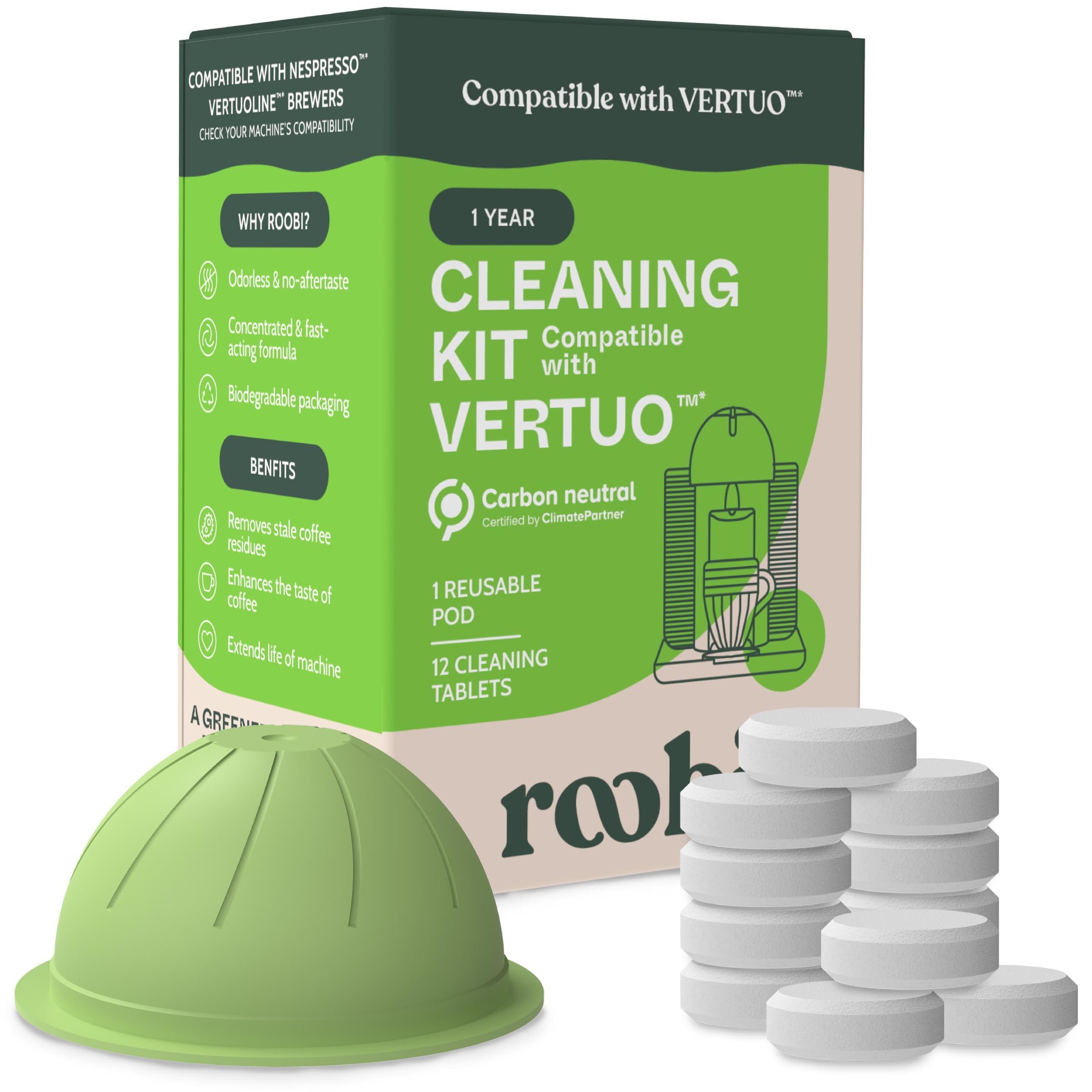 Roobi Vertuoline cleaning kit with reusable pod promotes a cleaner machine interior.