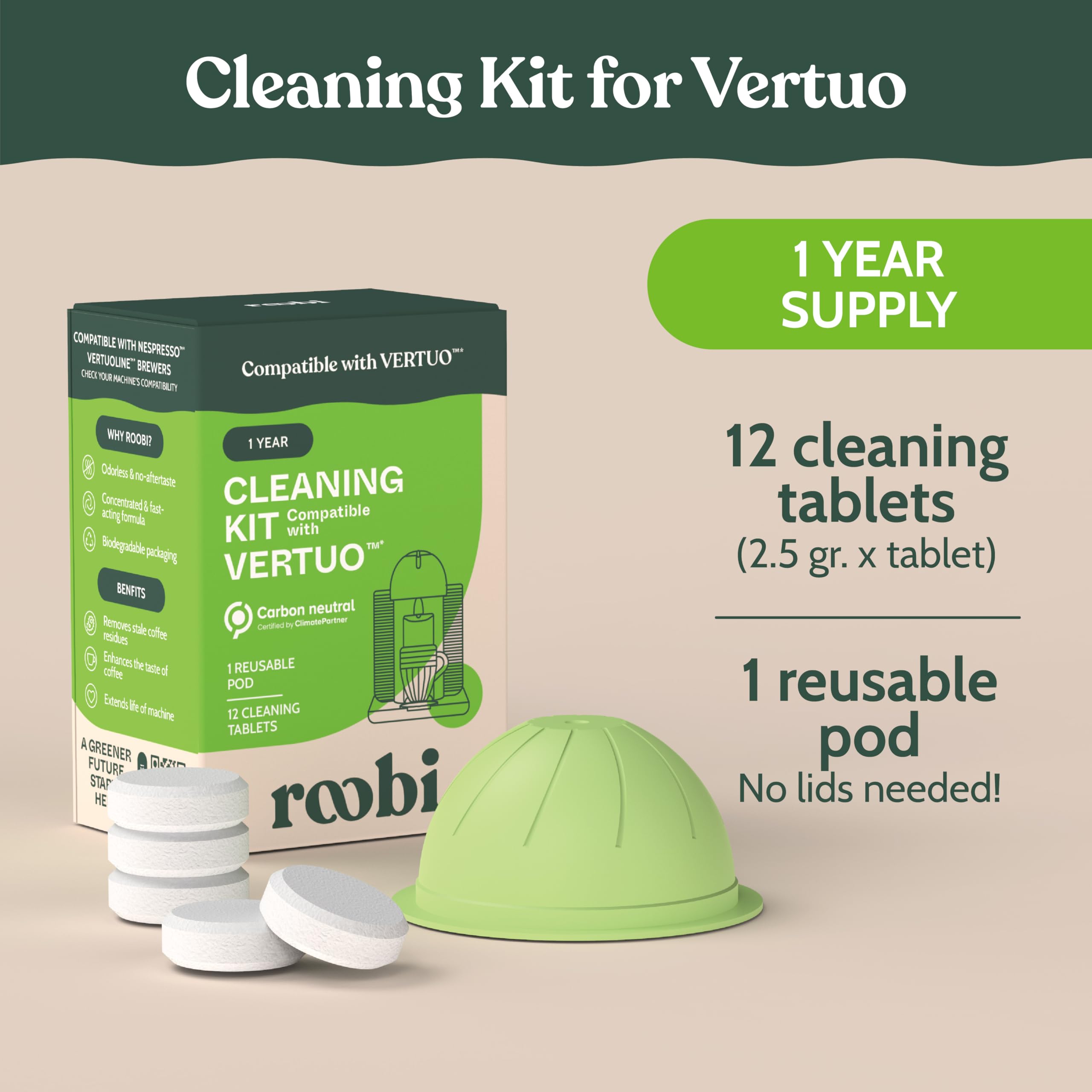 Roobi VertuoLine tablets in a 12-pack for effective cleaning.