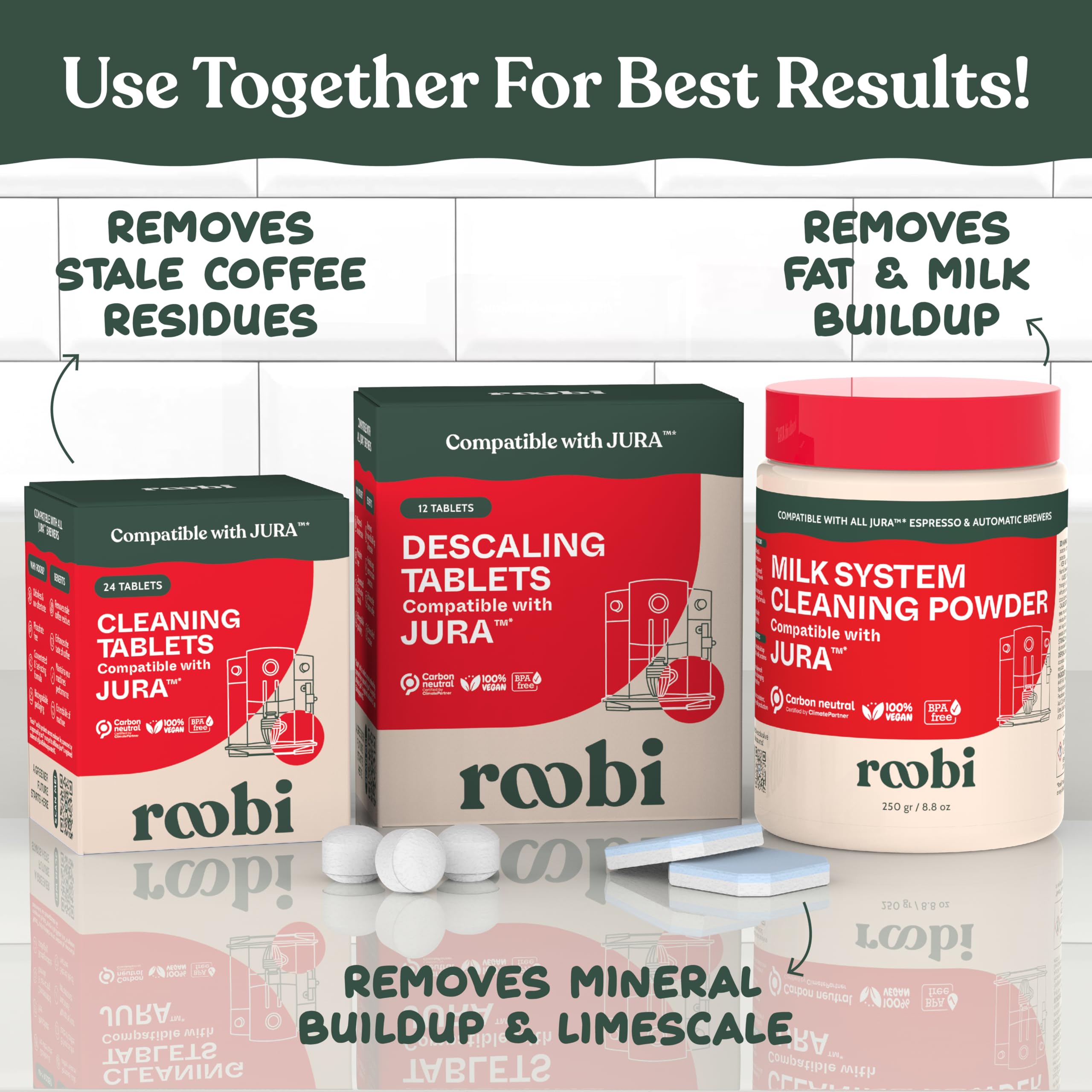 Roobi Jura cleaning tablets for daily maintenance in a home kitchen.