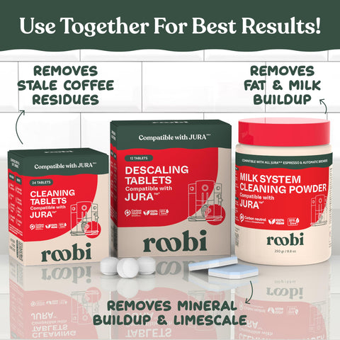 Roobi Jura cleaning tablets for daily maintenance in a home kitchen.