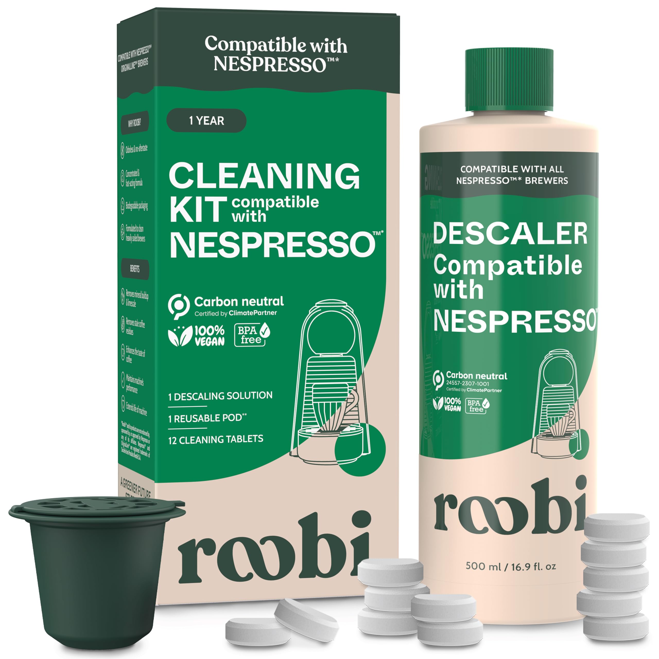 Roobi descaling bottle pour shows easy pour and mineral removal for espresso machines