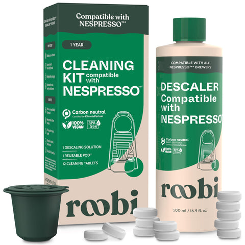 Roobi descaling bottle pour shows easy pour and mineral removal for espresso machines