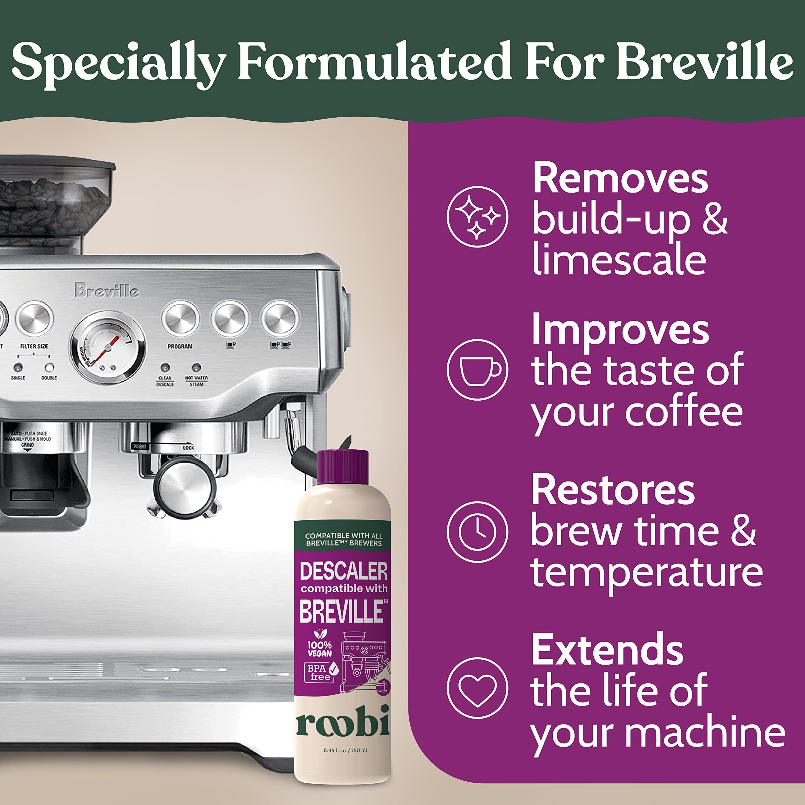 Roobi descaling solution pouring into a Breville espresso machine for routine cleaning.