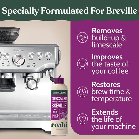 Roobi descaling solution pouring into a Breville espresso machine for routine cleaning.