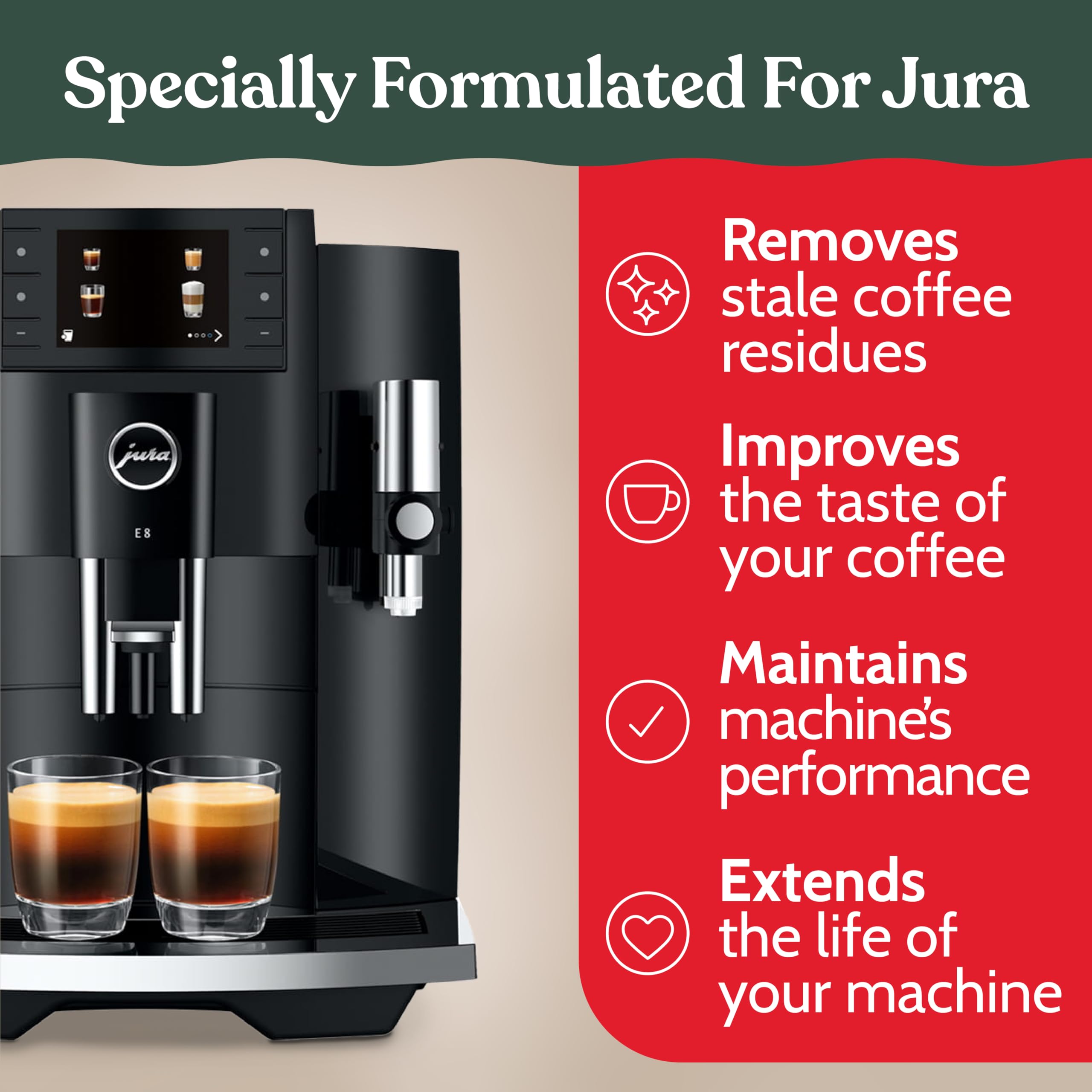 Roobi Jura cleaning tablets dissolving in water for quick cleaning action.
