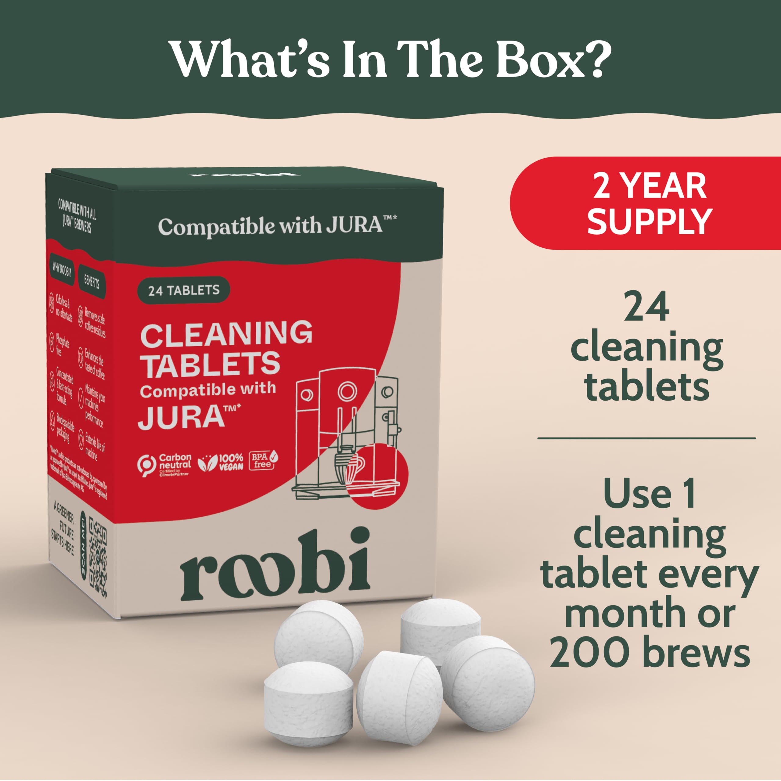 Roobi Jura cleaning tablets shown in use during a maintenance cycle.