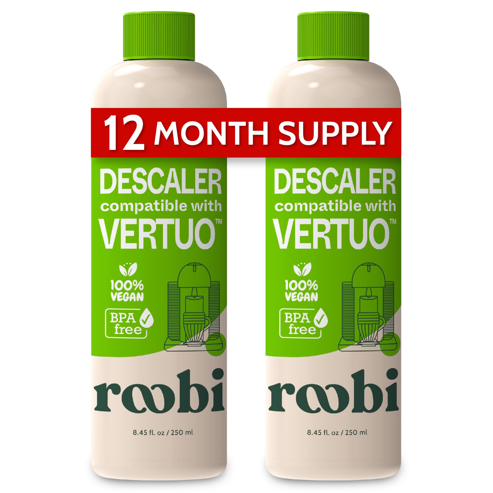 Roobi Vertuo descaler bottle front shows eco-friendly formula for clean Vertuo machine.