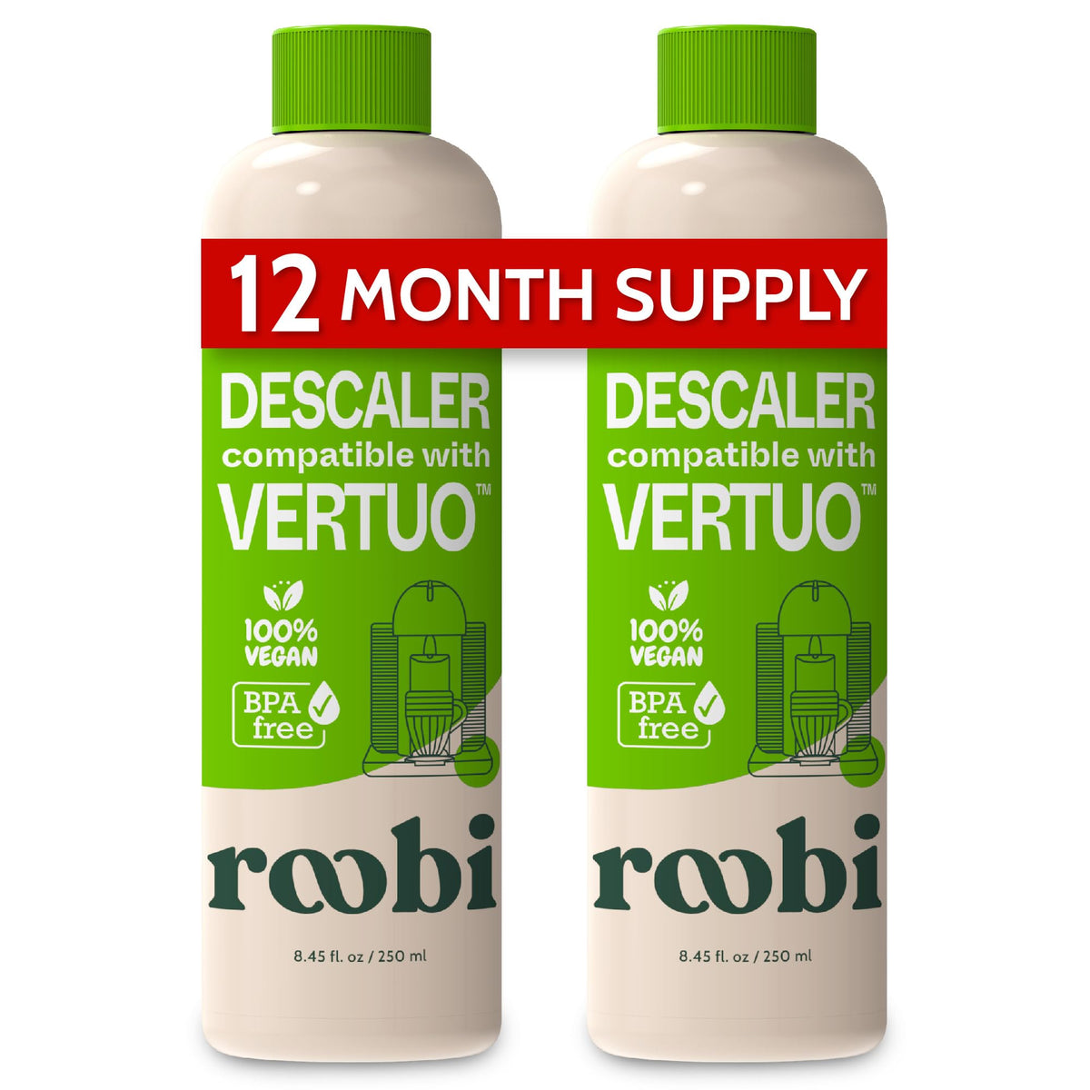 Roobi Vertuo descaler bottle front shows eco-friendly formula for clean Vertuo machine.