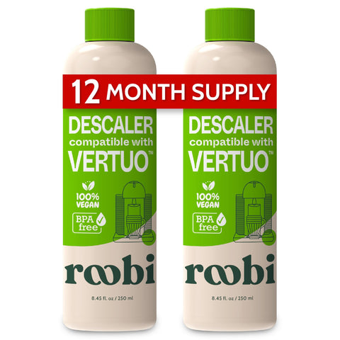 Roobi Vertuo descaler bottle front shows eco-friendly formula for clean Vertuo machine.