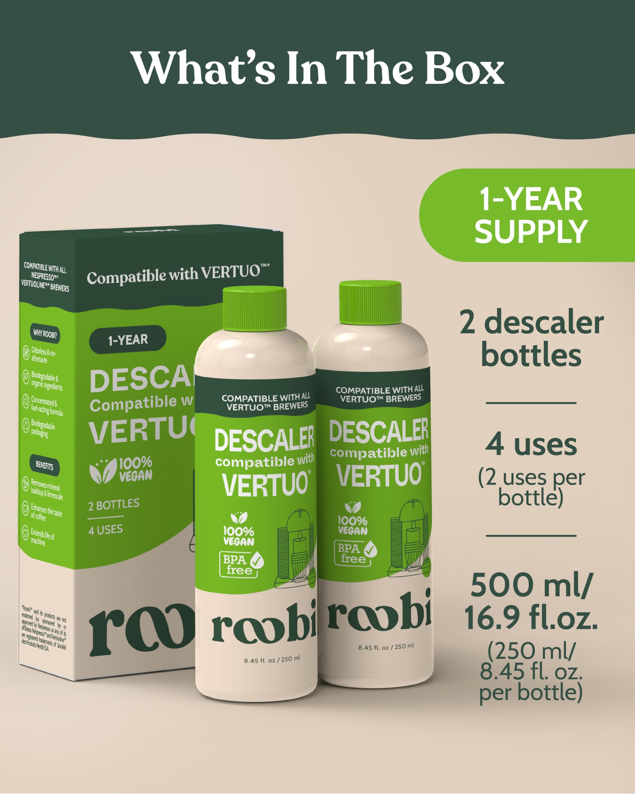 Closeup of Roobi descaler label highlights vegan plant-based ingredients.