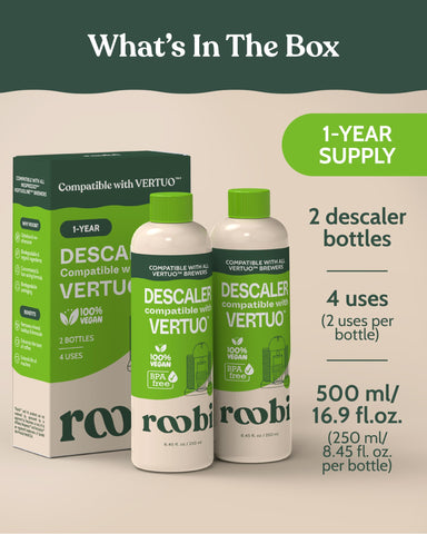 Closeup of Roobi descaler label highlights vegan plant-based ingredients.