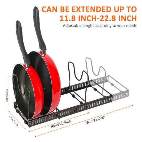 ROOHUA expandable pan organizer showing length adjustable from 11.8 to 22.8 inches