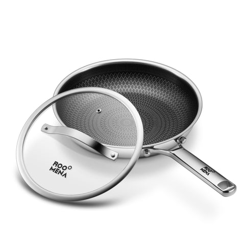 Roomena 12-inch non-stick frying pan with lid for even heating and easy release.