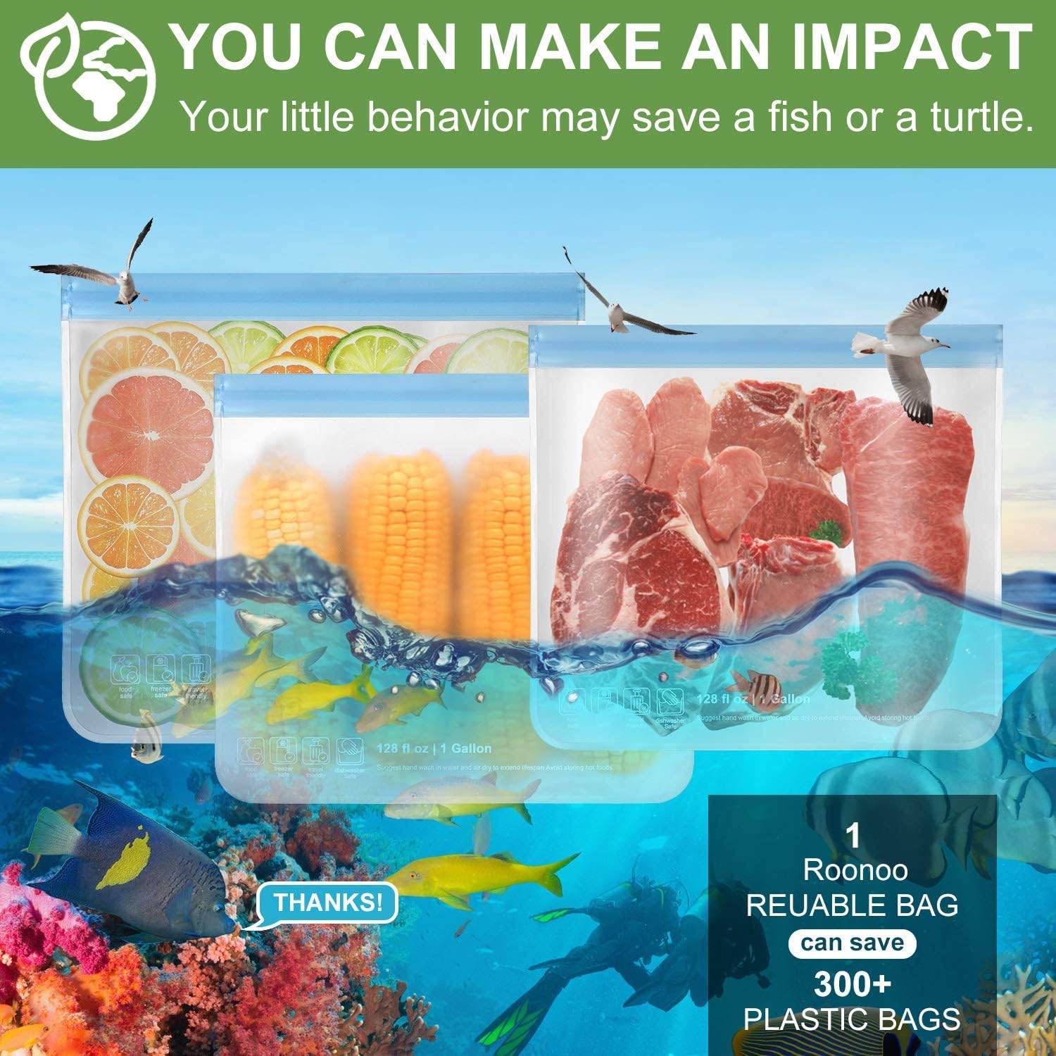 ROONOO eco-friendly reusable bags reduce disposable plastic waste.