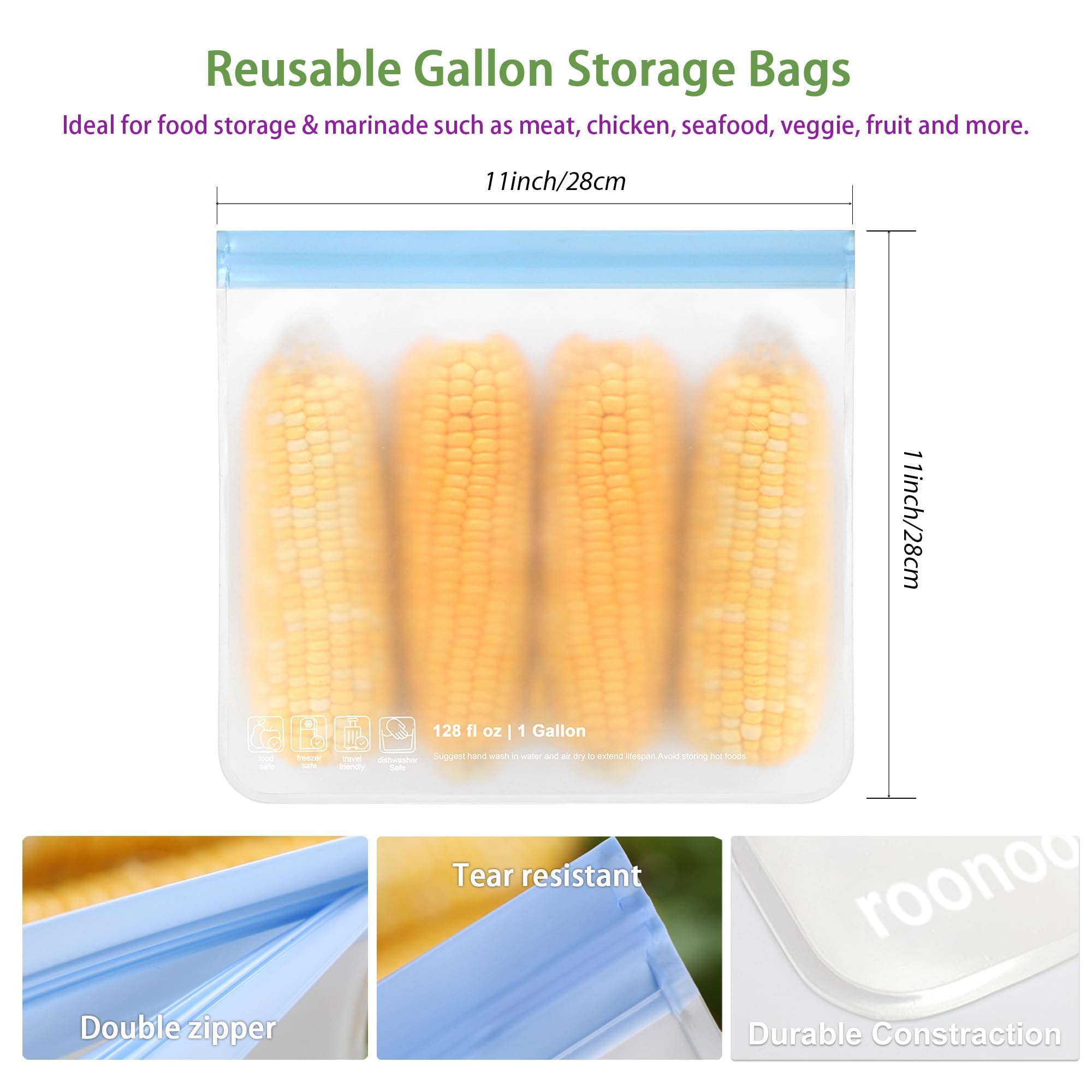 ROONOO extra-thick freezer bags with reinforced zipper for durable storage.