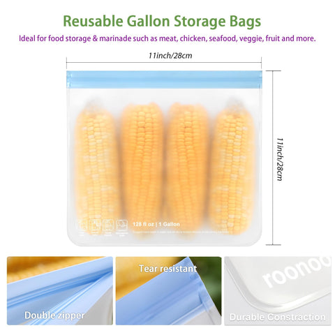 ROONOO extra-thick freezer bags with reinforced zipper for durable storage.
