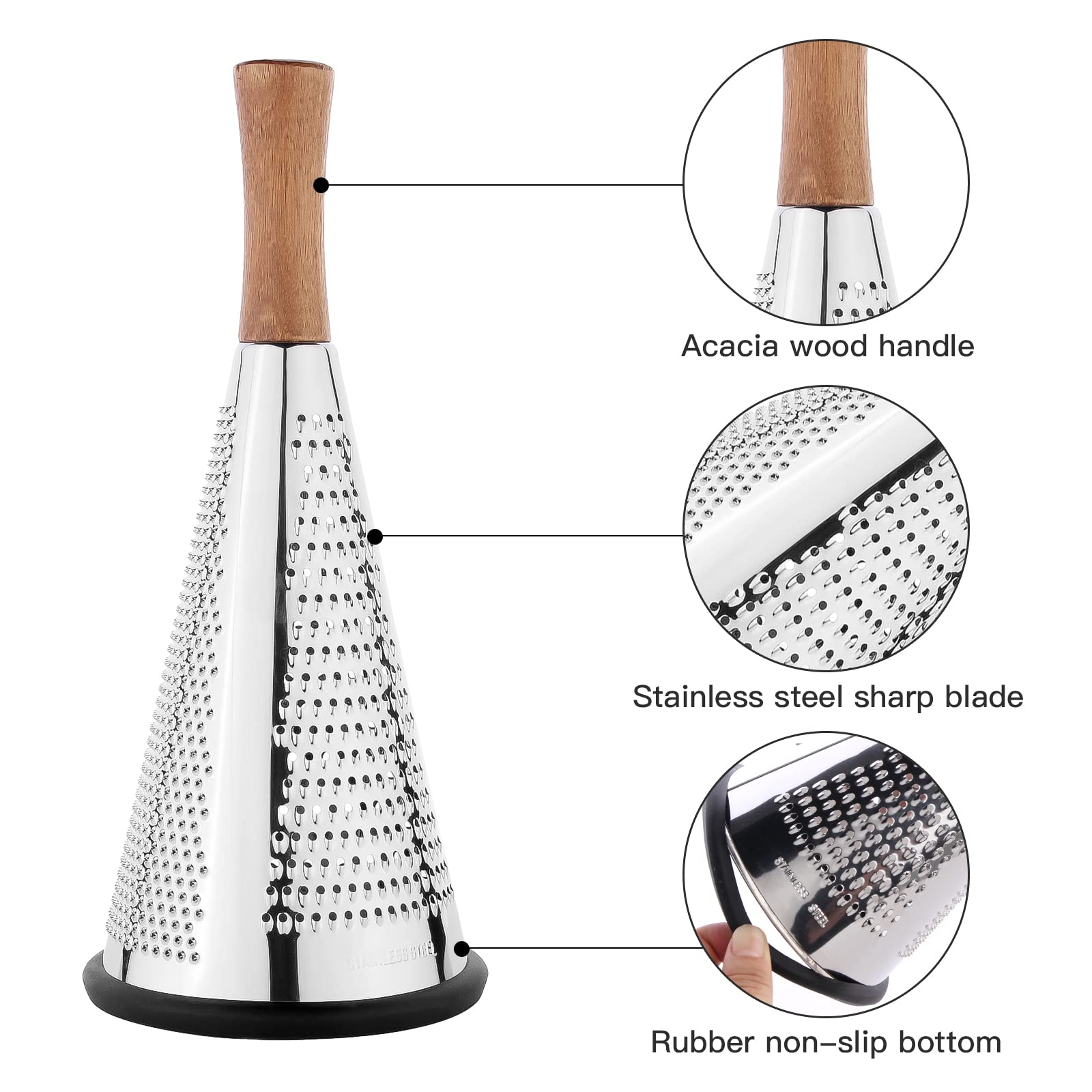 ROQILA cone cheese grater blades close-up showing sharp stainless steel blades.