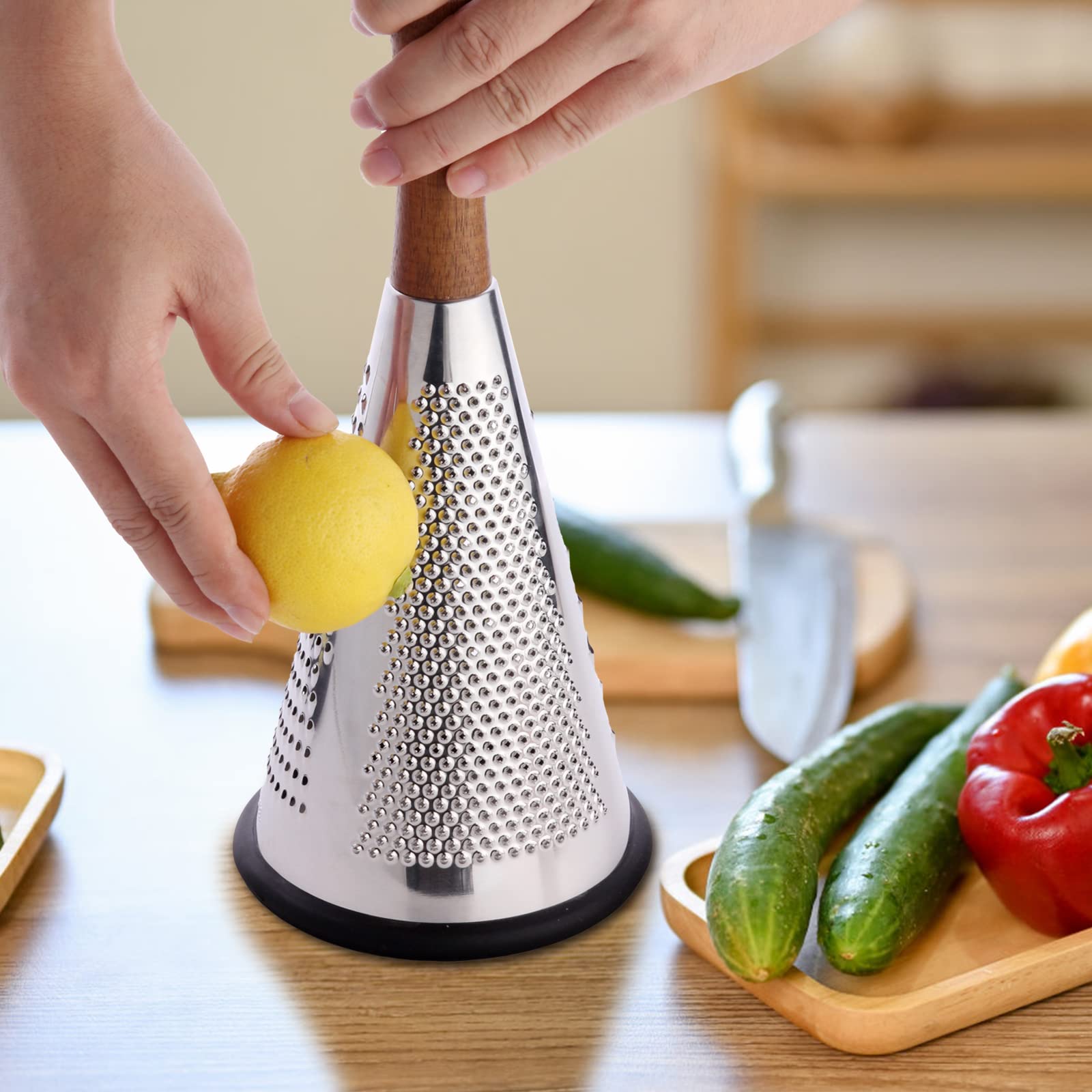 ROQILA cone cheese grater triple-function blades provide superfine, fine, and coarse options for textures.