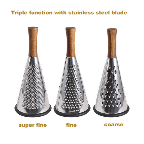 ROQILA cone cheese grater with-container design catches cheese shavings for easy transfer.