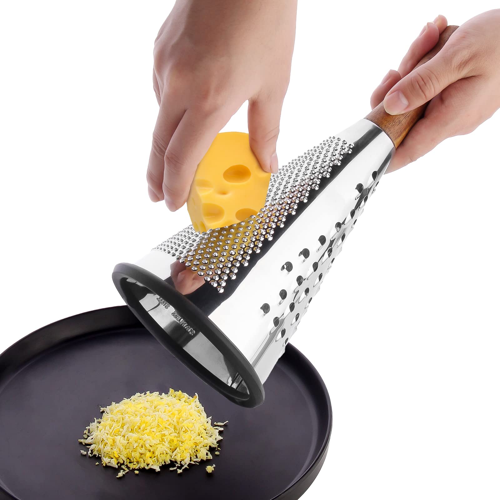 ROQILA cone cheese grater wood handle offers ergonomic comfort during extended grating sessions.