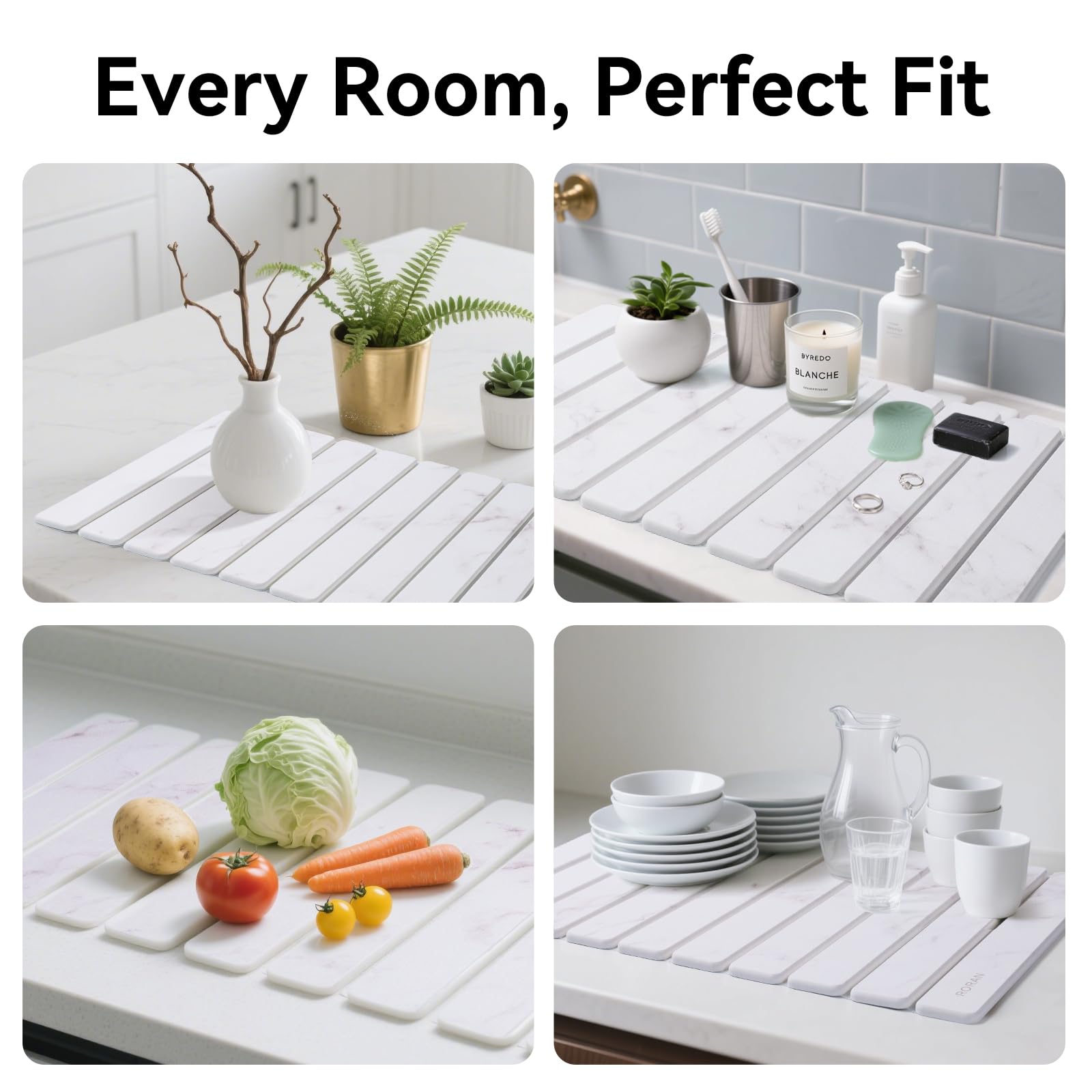 Roran diatomaceous earth drying mat demonstrates high absorbency for dishes and cups.
