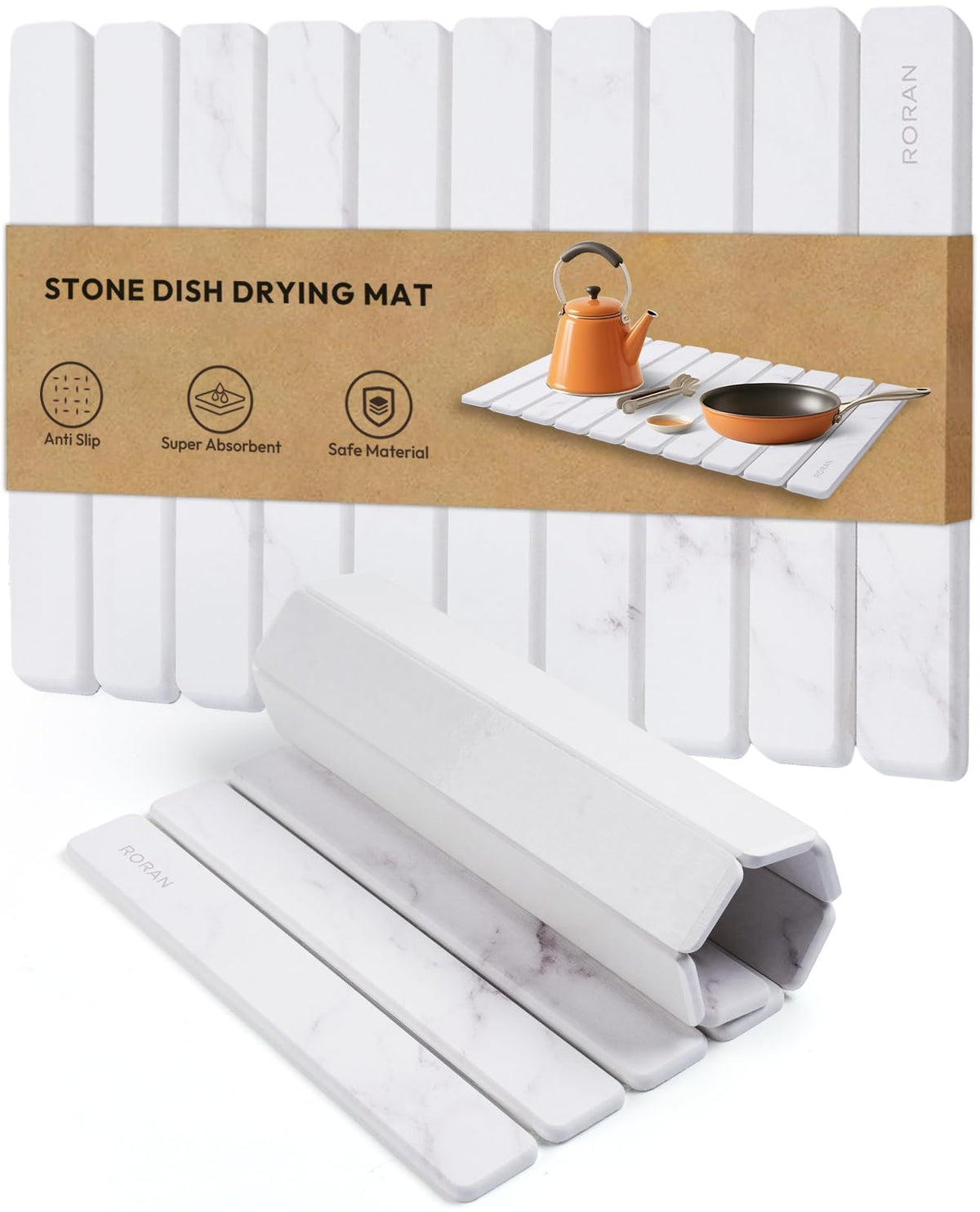 Roran Stone Drying Mat on the kitchen counter, 24x16, absorbs moisture quickly to keep surfaces dry.